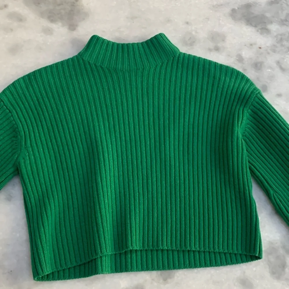 TIBI Sweater Green Wool Rib Cropped Pullover Mock Turtleneck XS